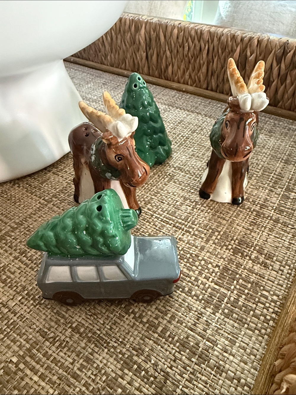 Blue Sky Ceramic Moose and Tree Salt and Pepper Sets in Green and Brown